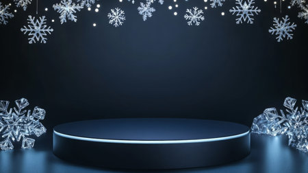 Winter-themed stage setup with snowflakes and lighting for a festive event backdropの素材