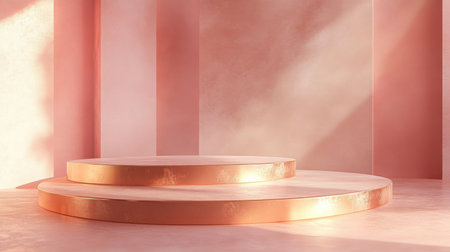 Elegant pink backdrop featuring circular platforms illuminated by soft natural lightの素材