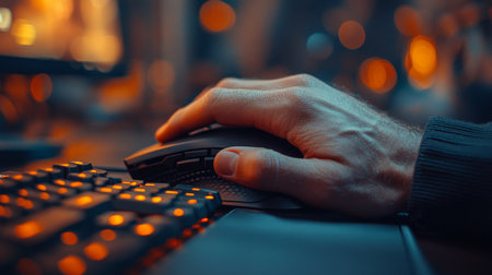 Focused hand on gaming mouse while navigating a dynamic digital environment in an atmospheric room during nighttime. Generative AIの素材
