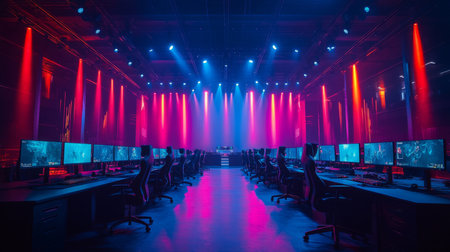 A vibrant esports arena featuring numerous monitors and colorful lighting during a competitive gaming event at night. Generative AIの素材