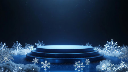 A winter-themed stage with glowing snowflakes and icy blue accents in a serene settingの素材