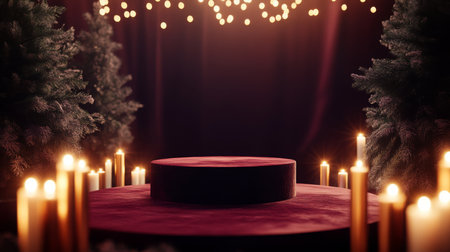 Elegant candlelit stage surrounded by evergreen trees for a festive celebrationの素材