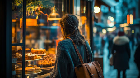 A woman admires baked goods in a cozy bakery during twilight in a bustling city streetの素材