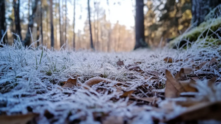Frost-covered ground in a tranquil forest path during early morning lightの素材