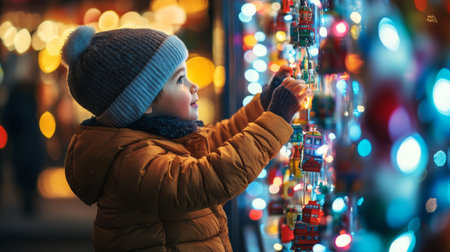 A child admires colorful decorations while exploring a festive market during winter nightsの素材