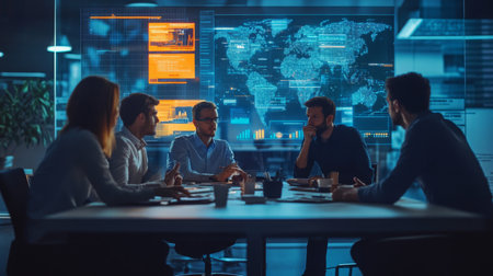 Team of professionals discussing data insights during a nighttime meeting in modern officeの素材