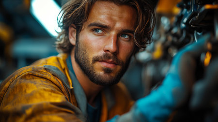 Young man working on machinery in an industrial workshop during the afternoon, focusing on his task with determination. Generative AIの素材