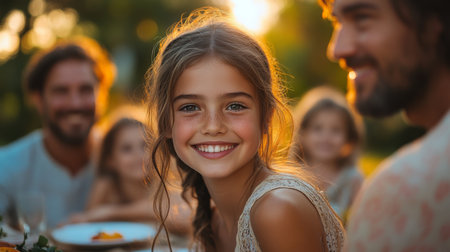 Smiling girl enjoying a joyful summer dinner with family outdoors during golden hour, surrounded by warm sunlight and laughter. Generative AIの素材