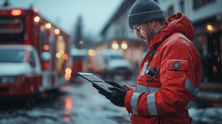 Emergency responder checks tablet for updates in snowy urban environment during a winter storm response operation. Generative AIの素材