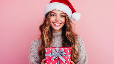 Young woman wearing Santa hat and sweater holds a festive gift in front of pink backgroundの素材