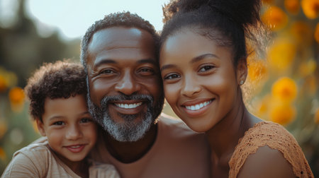A joyful family portrait in a sunflower field during golden hour capturing love and togetherness among three smiling faces. Generative AIの素材