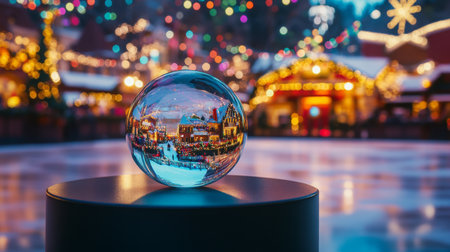 A festive glass orb reflects a winter wonderland at a Christmas market during the eveningの素材