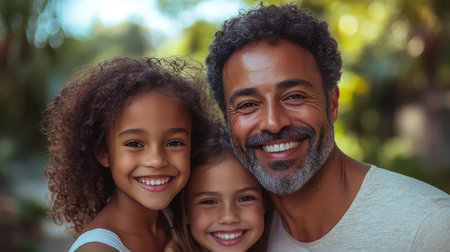 A joyful man enjoys a sunny day outdoors with two smiling young girls in a lush garden. Generative AIの素材