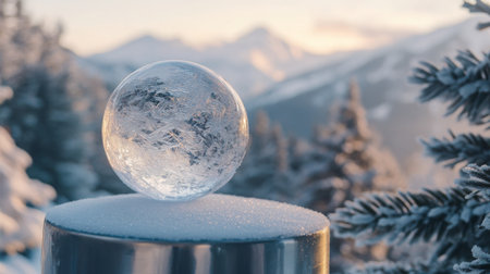 A frozen sphere sits on a snow-covered metal surface in the mountainsの素材