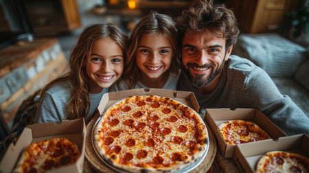A joyful family enjoys a delicious pizza night at home with smiling kids and a proud father surrounded by pizza boxes. Generative AIの素材