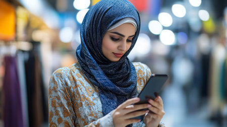 Young woman in a hijab using her smartphone while shopping in a vibrant marketの素材