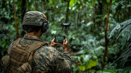 Military personnel operates drone in dense jungle while monitoring the surroundings using a handheld device. Generative AIの素材