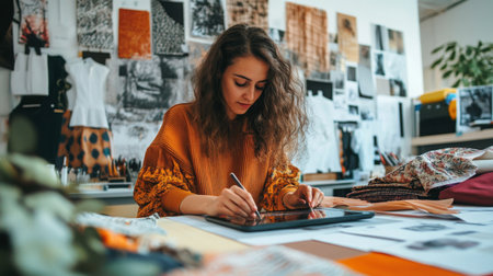Creative process of young designer sketching ideas on a tablet in a vibrant fashion studioの素材