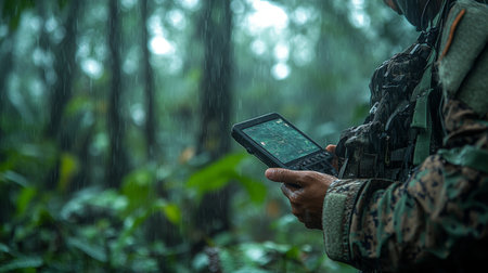Soldier using a handheld device in a dense, rainy jungle during a military operation in the early morning hours. Generative AIの素材