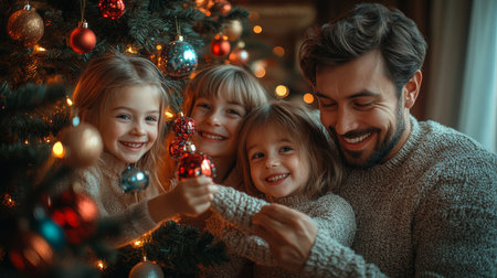 A joyful family moment decorating a Christmas tree together in a cozy living room during the holiday season. Generative AIの素材