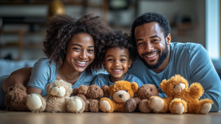 Happy family with a child posing together with teddy bears indoors during the day, showcasing love and togetherness in a cozy setting. Generative AIの素材