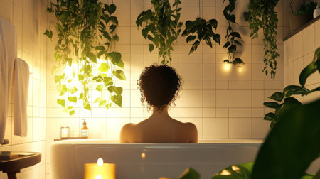 Relaxing bath experience with candlelight and plants in a serene bathroom settingの素材