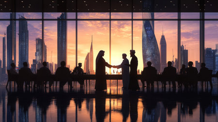 Business executives engage in partnership negotiations against a city skyline at sunsetの素材