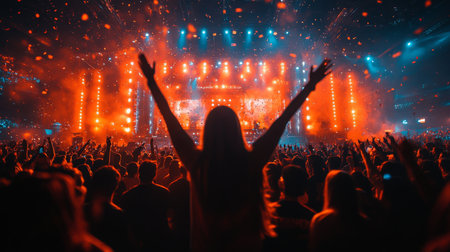 A vibrant concert atmosphere with fans enjoying energetic music amidst colorful lights at an indoor venue. Generative AIの素材