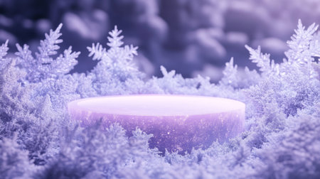 Mystical glowing platform surrounded by ethereal purple mist in a tranquil forest settingの素材