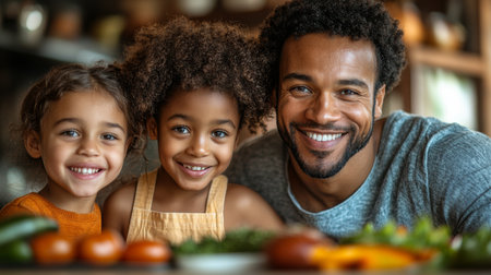 Happy family preparing a healthy meal together in a cozy kitchen filled with fresh vegetables and a warm, inviting atmosphere. Generative AIの素材