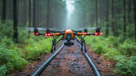 Drone captures aerial view of forest path surrounded by lush greenery on a misty morning in a tranquil woodland area. Generative AIの素材