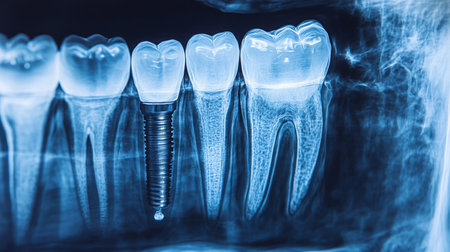 A dental x-ray shows a dental implant in placeの素材