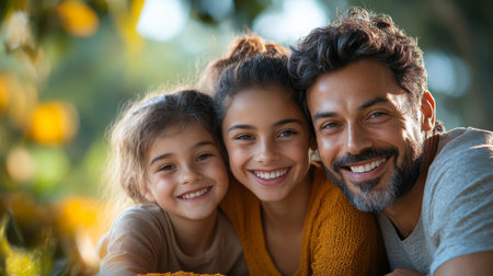 A joyful father enjoying a sunny day outdoors with his two smiling daughters in a lush green garden setting. Generative AIの素材
