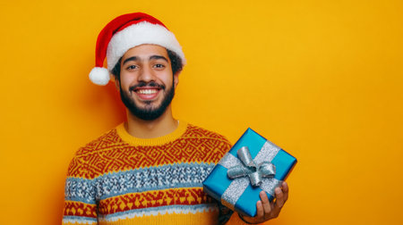 A man in a Santa hat holds a gift against a bright yellow background for the holidaysの素材