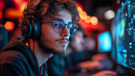Focused young male gamer wearing headphones plays competitive video games in a dimly lit esports arena during a tournament. Generative AIの素材