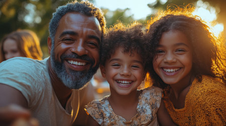 A joyful father enjoying a warm sunset moment with his two smiling daughters during an outdoor family gathering. Generative AIの素材