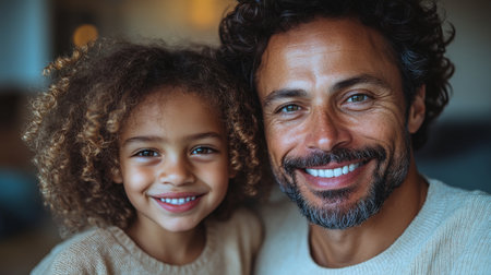A joyful father and daughter share a warm smile indoors in a cozy atmosphere during a sunny afternoon. Generative AIの素材