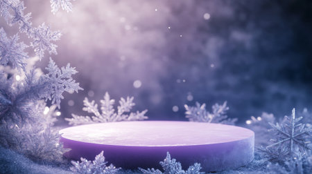 A purple platform sits in a wintery scene surrounded by snowflakesの素材