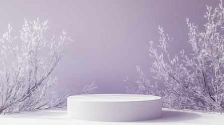 A serene winter landscape with circular platform surrounded by frosty branches at twilightの素材