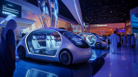 Futuristic autonomous vehicles showcased at a technology exhibition in a modern spaceの素材