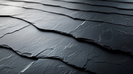 Detailed texture of dark slate tiles arranged in a layered fashion for architectural design and interior decoration purposes. Generative AIの素材