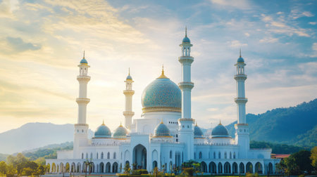 Stunning mosque architecture captured at sunrise with peaceful mountains in the backgroundの素材