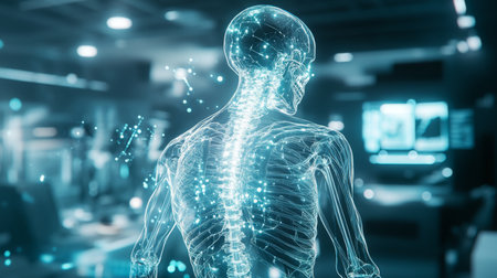 A detailed representation of a human skeleton in a high-tech laboratory settingの素材