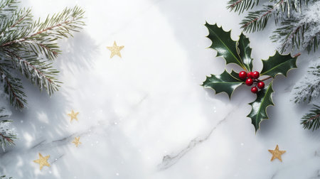 Elegant holiday arrangement with holly and stars on a marble backgroundの素材