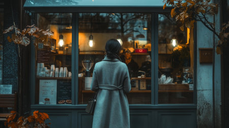 A woman in a cozy sweater admires pastries at quaint cafe during serene autumn afternoonの素材