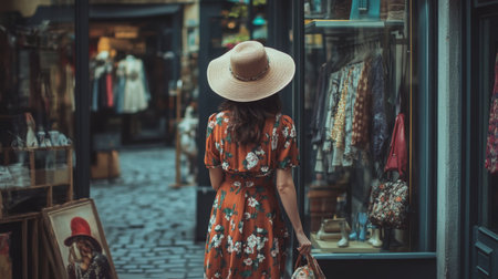 A woman in a floral dress explores vintage shops on quaint street with charming boutiquesの素材