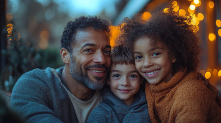 A joyful father embraces his two children outdoors with festive lights glowing softly in the evening. Generative AIの素材
