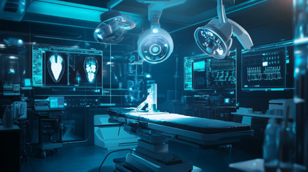 Advanced surgical operating room with high-tech equipment in a modern healthcare facilityの素材