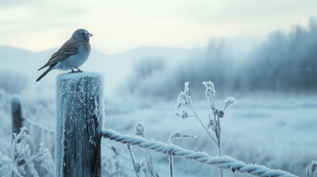A solitary bird perched on a frozen fence post in a winter landscape at dawnの素材