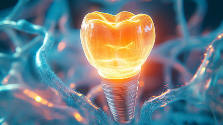 A glowing dental implant sits on a blue backgroundの素材